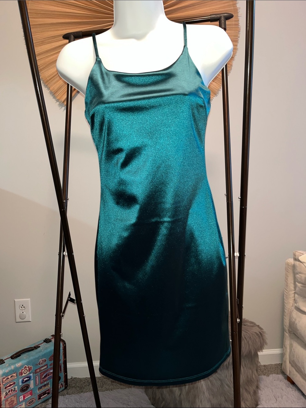 Teal Satin Slip Mini Dress with Spaghetti Straps